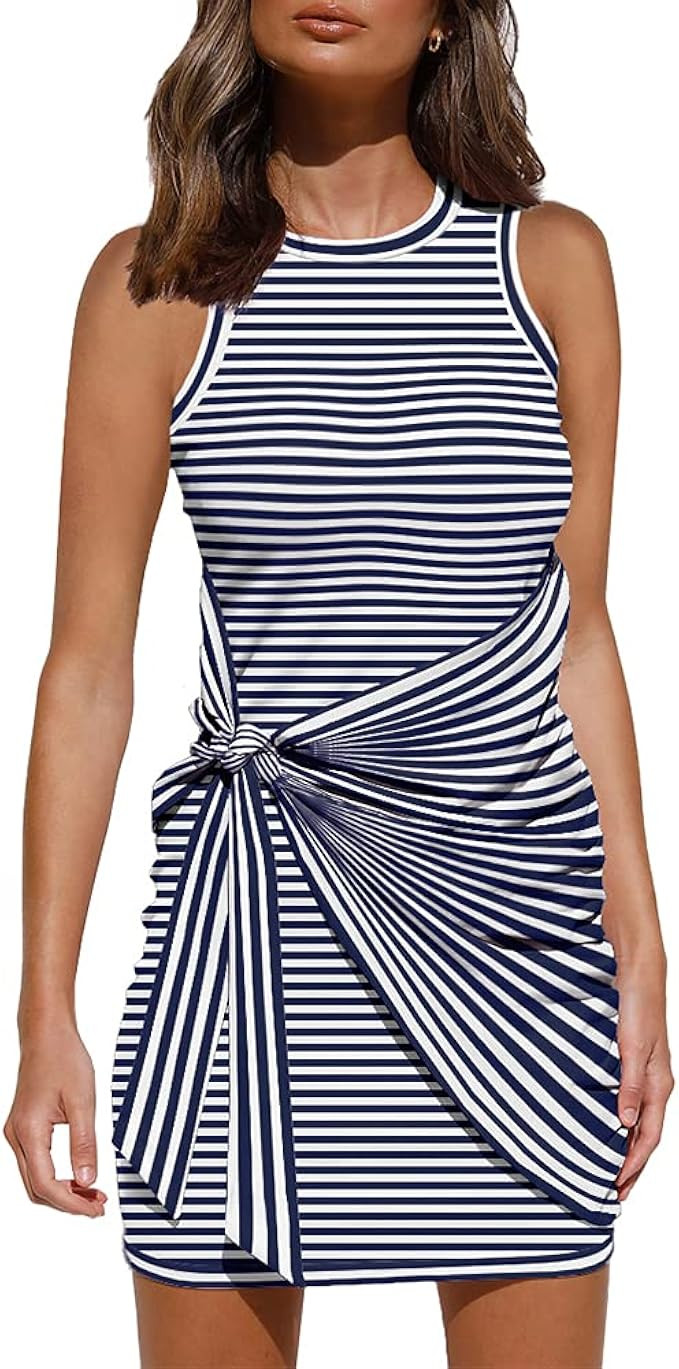 LILLUSORY Women's Summer Casual Sleeveless Beach Tank Dress Bodycon Ruched Tie Waist Mini Dresses | Amazon (US)