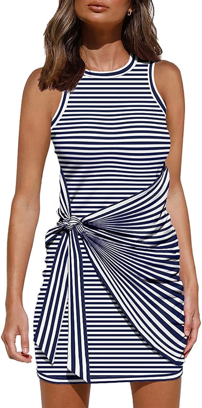 LILLUSORY Women's Summer Casual Sleeveless Beach Tank Dress Bodycon Ruched Tie Waist Mini Dresses | Amazon (US)