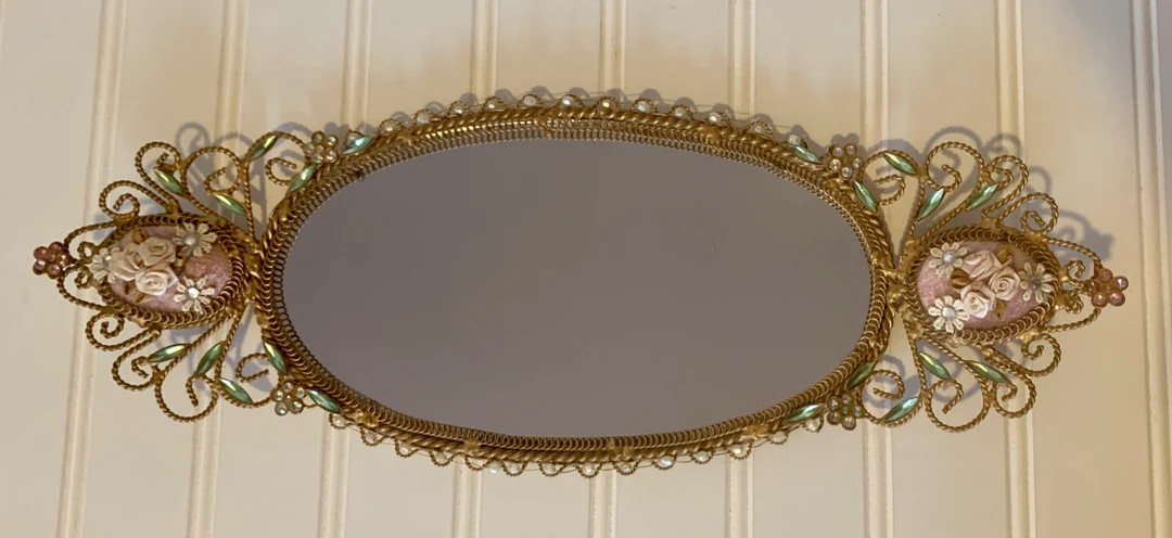 Vintage Rhinestone Dresser Tray Perfume Hollywood Regency Vanity Mirror - Etsy | Etsy (US)
