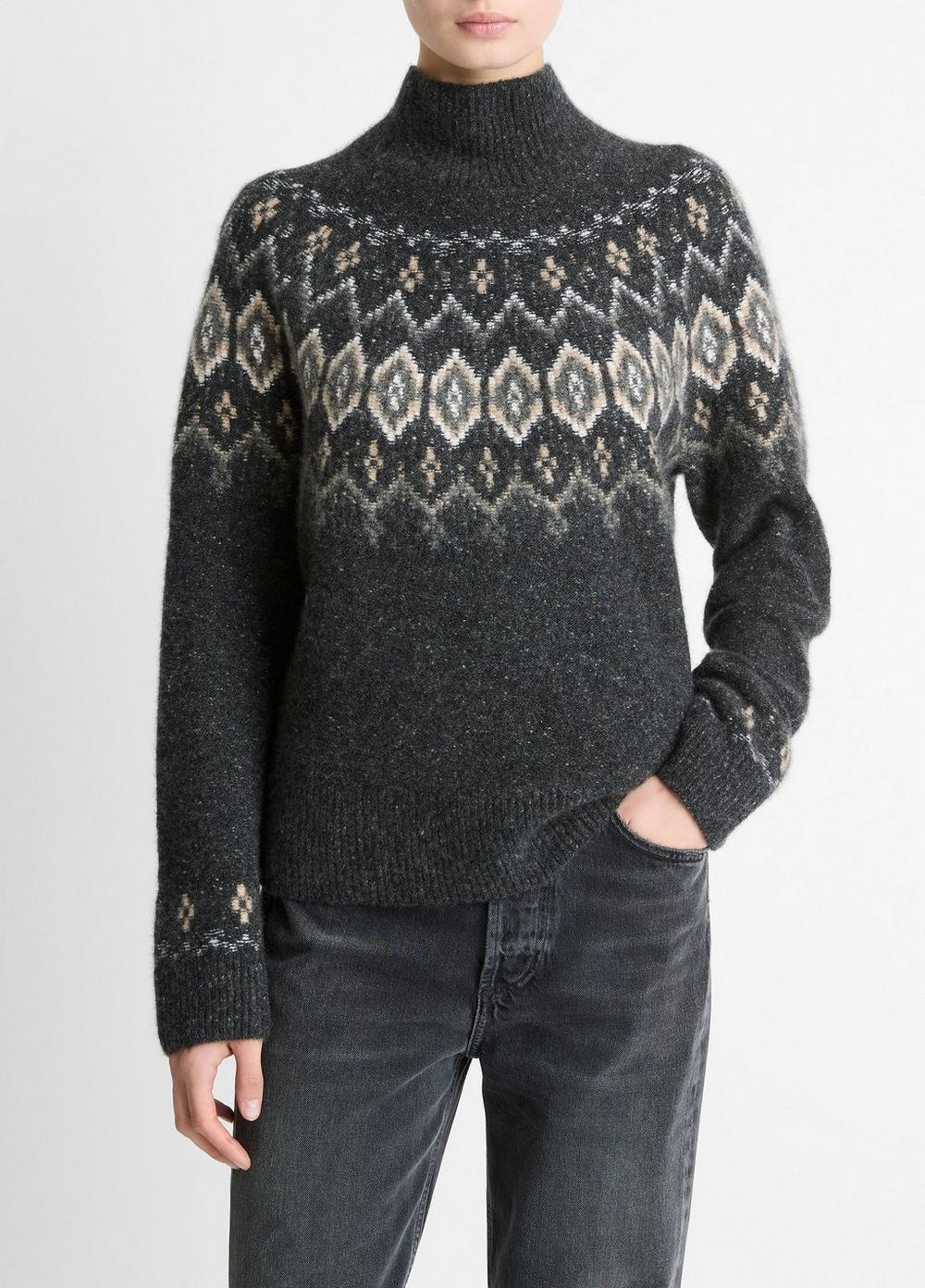 Women's Fair Isle Donegal Cashmere Turtleneck Sweater, Heather Charcoal Combo, Size XS Vince | Vince LLC