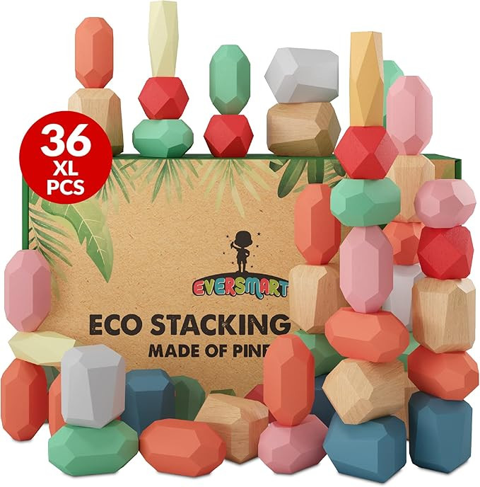 36 Pcs Wooden Stacking Blocks – Montessori Toys for 1 2 3 4 5 6 Year Old Toddlers and Kids, XL ... | Amazon (US)