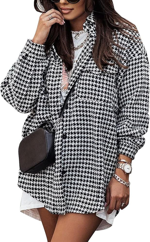 Yimoon Plaid Jacket Women Casual Houndstooth Jacket Flannel Shacket Loose Long Sleeve Shirt Butto... | Amazon (US)