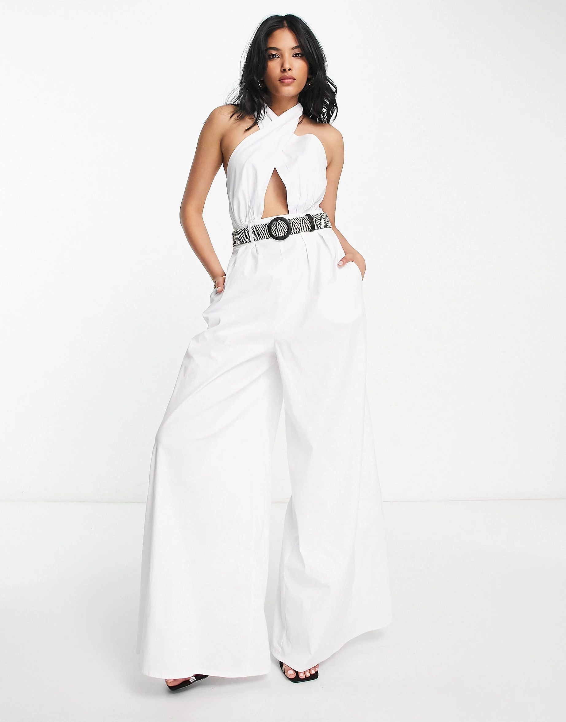 ASOS DESIGN cotton poplin halterneck jumpsuit with wide leg and wicker belt in white | ASOS (Global)