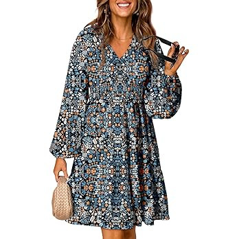Dokotoo Fall Dresses for Women 2025 Boho Floral V Neck Long Sleeve Smocked Elastic Waist Casual A... | Amazon (US)