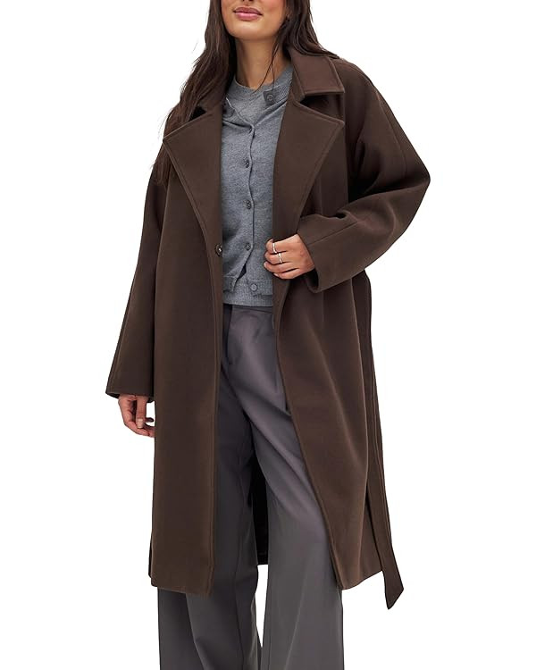 Belted Coat for Women Winter Classic Loose Open Front Notch Lapel Trench Peacoat Long Outwear wit... | Amazon (US)