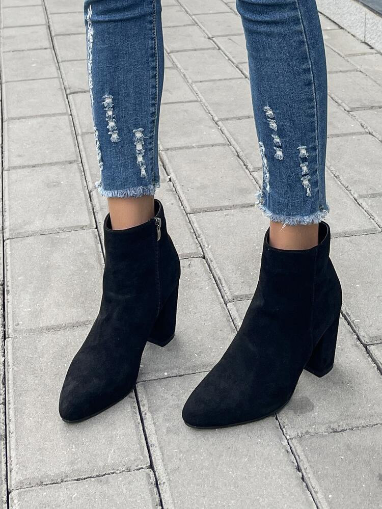 Side Zip Chunky Heeled Faux Suede Classic Boots | SHEIN