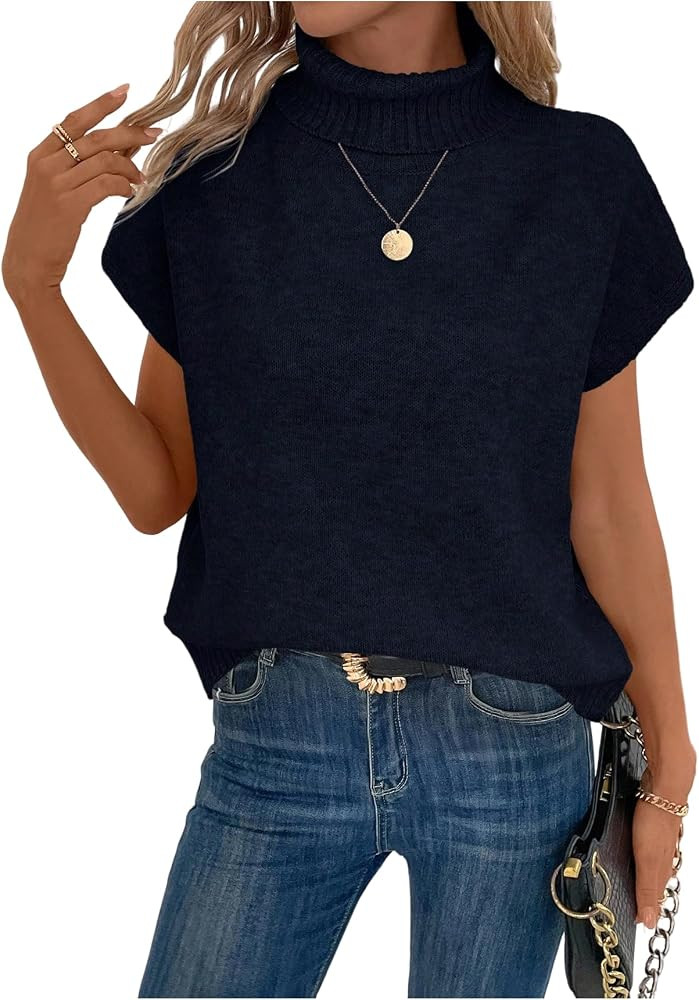 WDIRARA Women's Turtleneck Cap Sleeve Sweater Vest Pullover Knitted Top Loose Oversized Knitwear | Amazon (US)