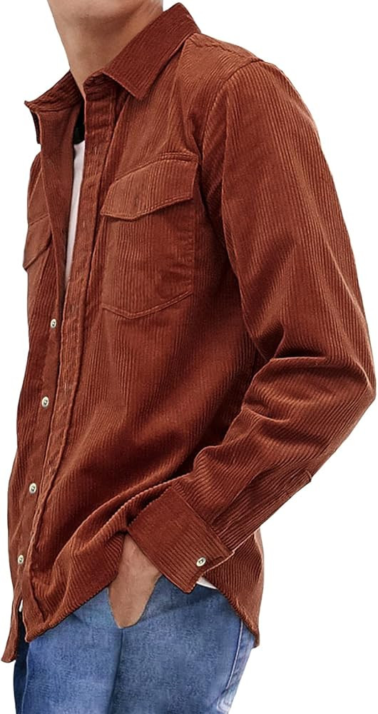JMIERR Men's Corduroy Button Down Shirts Casual Long Sleeve Shacket Jacket with Flap Pocket | Amazon (US)