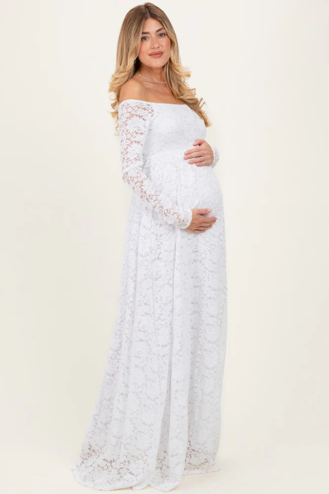White Floral Lace Long Sleeve Off Shoulder Maternity Maxi Dress | PinkBlush Maternity