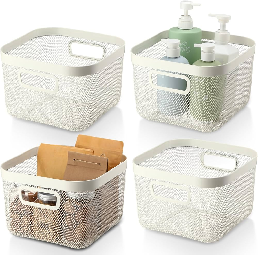 4 Pack Metal Wire Baskets for Organizing 9.6 x 9.6x 6.9 Inch Mesh Storage Bin with Handle for Pan... | Amazon (US)