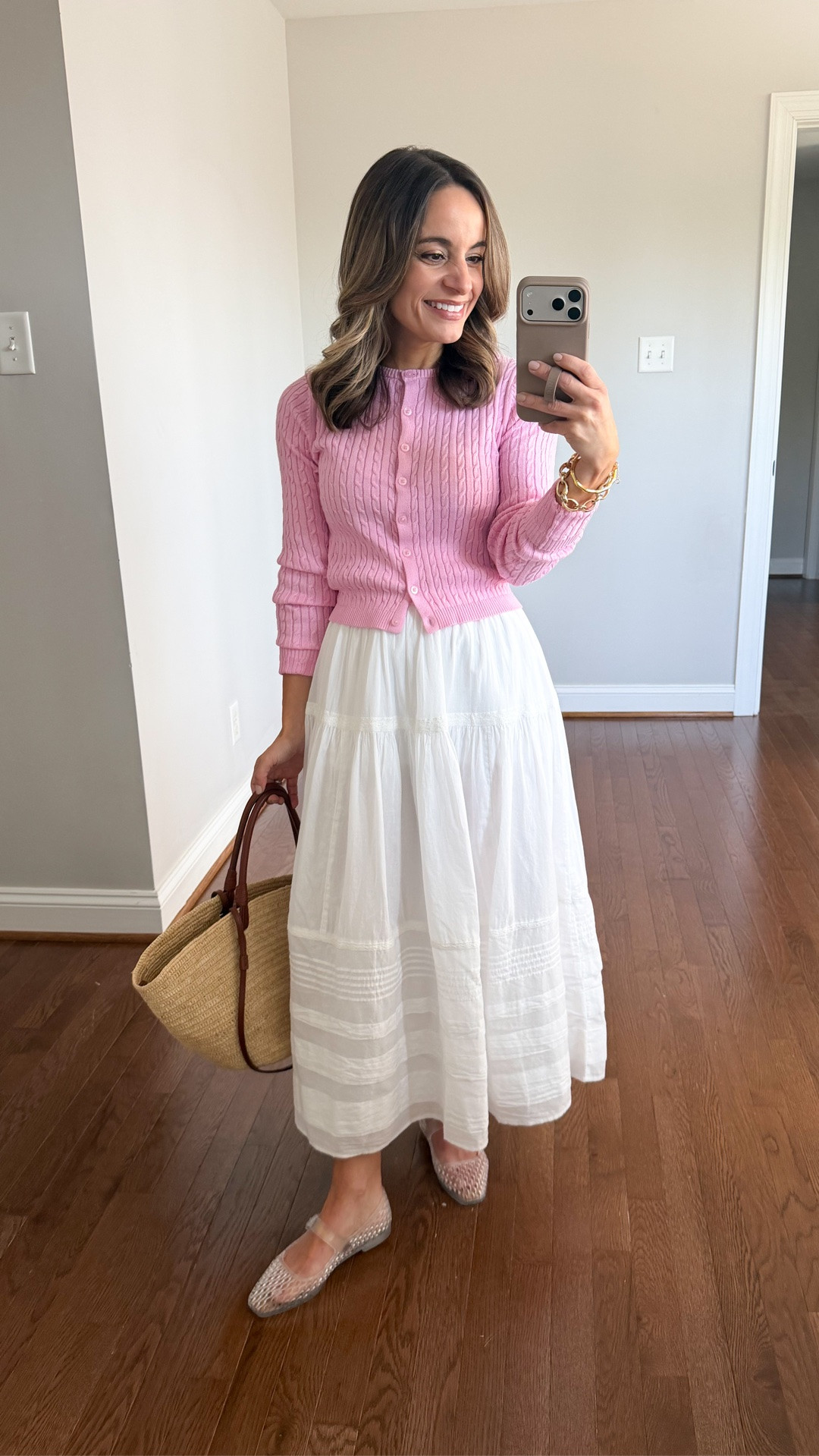 This cardigan from Target has a similar fit to the Jackie Cardigan from J.Crew for less! 

Cardigan: xxs - fits well overall, but I need to cuff the sleeves 
Skirt: petite xxs 
Shoes: true to size