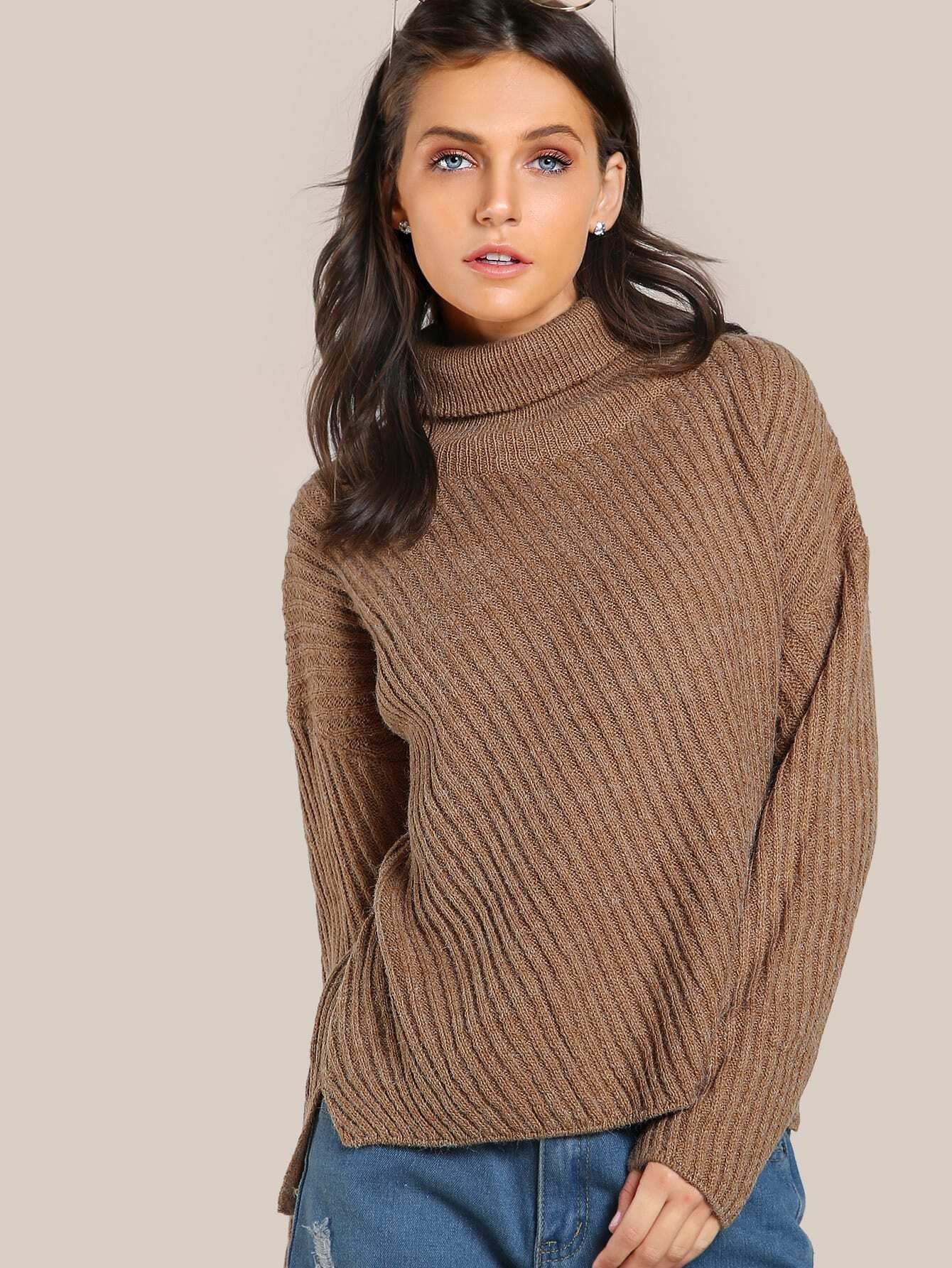 Turtleneck Ribbed Knit Top COFFEE | SHEIN