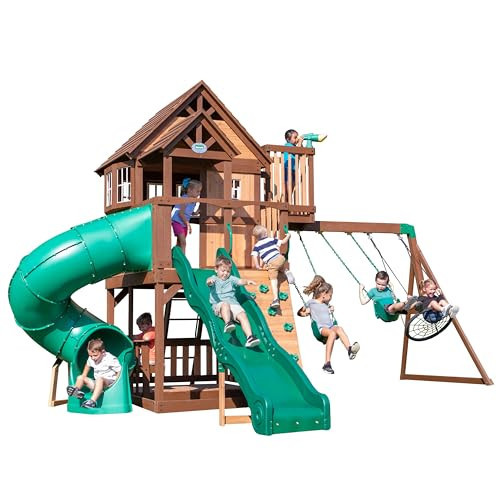 Backyard Discovery Skyfort All Cedar Swing Set, Elevated Covered Wood Roof Clubhouse with Bay Windows, 2 Belt Swings, Web Swing, 10ft Wave Slide, 5 ft Tube Slide, Covered Picnic Table, 5 ft Rock Wall | Amazon (US)