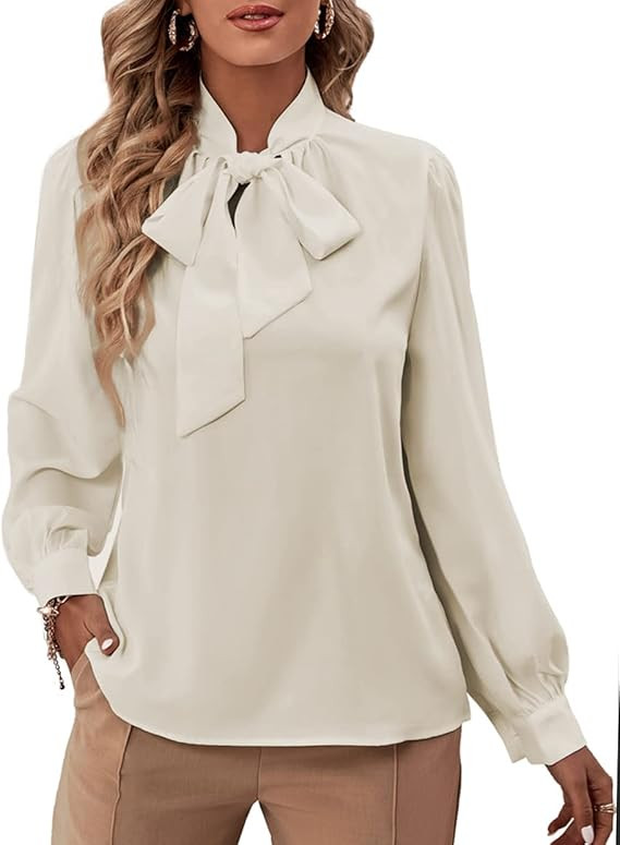 Rooscier Women's Bow Tie Neck Long Sleeve Buttton Cuff Chiffon Elegant Blouse | Amazon (US)