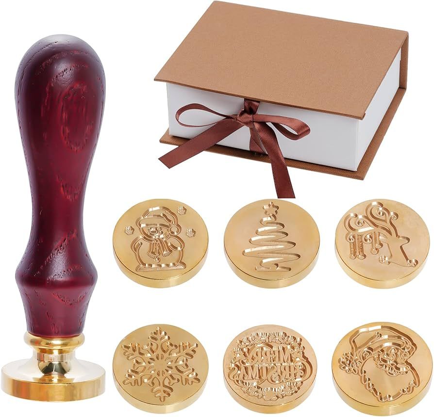 Christmas Wax Seal Stamp Set - 6 Pcs Brass Head with Wooden Hilt - Merry Christmas Santa Vintage ... | Amazon (US)