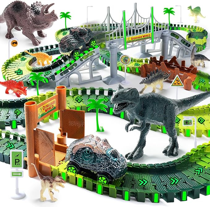 268 PCS Race Tracks Dinosaur Toys for Kids 3-5, Glow in The Dark Magic Toy Set, 2 Dinosaur Cars T... | Amazon (US)