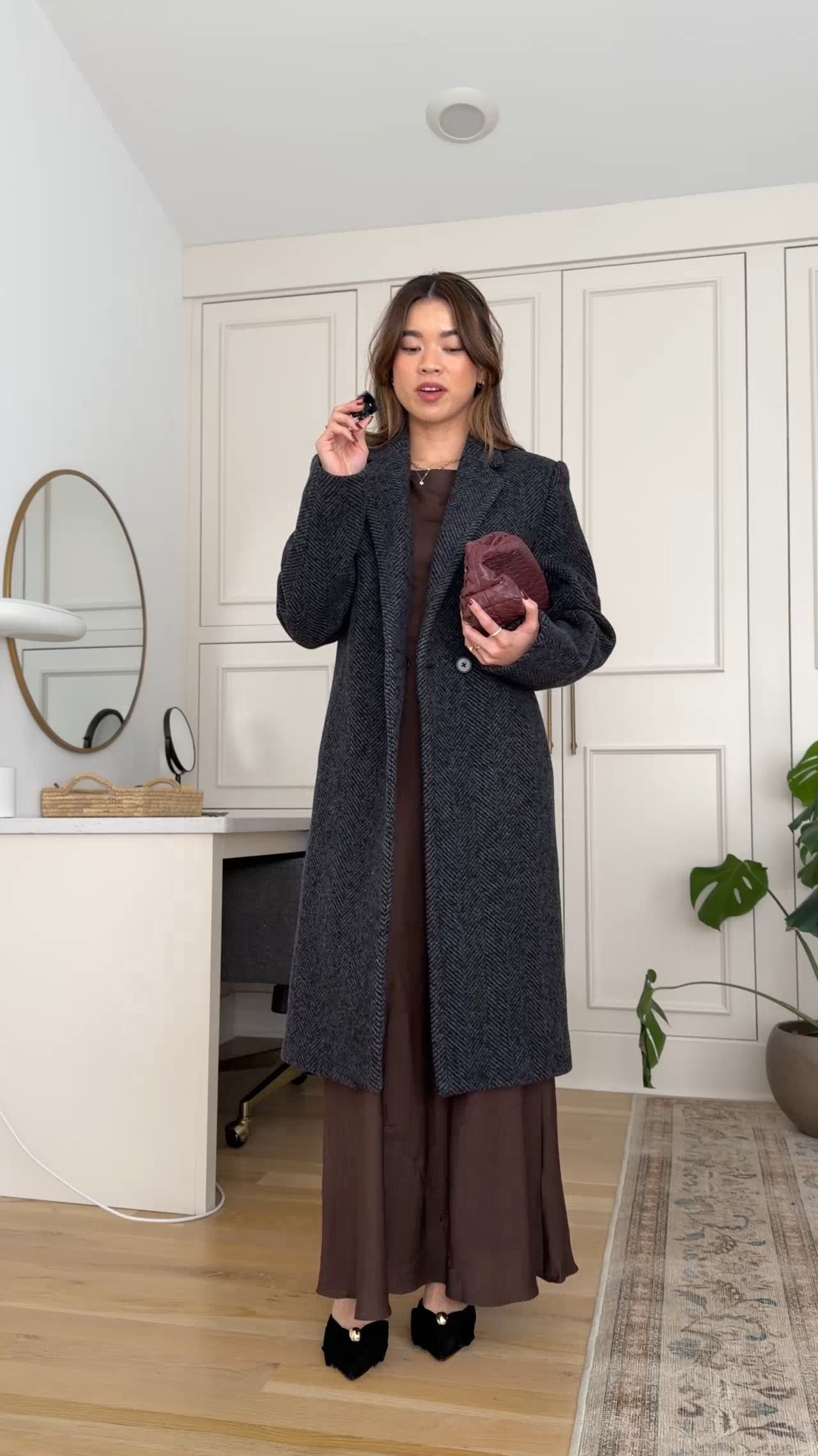 Sizing info: Dress XS in Hot Fudge, Coat XS in Herringbone Black Grey!  petite fashion, get dressed with me, outfit inspiration, ootd, nashville outfit, Nashville influencer, petite style, vacation style, casual outfits, mom style, winter dress, winter outfit, winter outfit inpso, winter outfit idea, winter style, cold weather outfit, winter bag, winter purse, clutch, jacket, winter jacket, winter coat, trench coat, wool coat, warm coat, silk dress 

 

#LTKHoliday #LTKSeasonal #LTKPetite