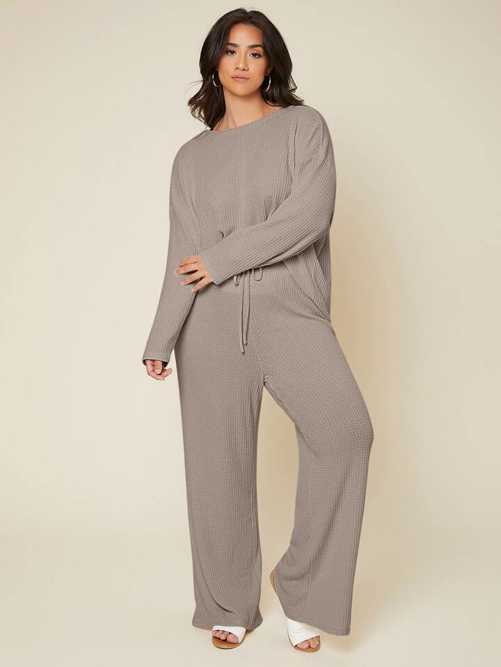 SHEIN BASICS Plus Solid Drop Shoulder Tee & Pants Set | SHEIN