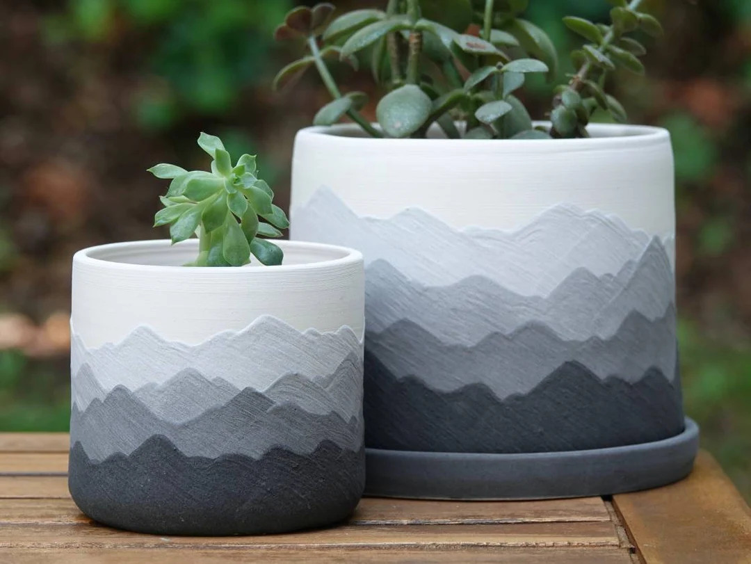 Mountain Ridges Handmade Ceramic Pottery Planter Succulent Pots With Saucer, Mountains Black Whit... | Etsy (US)