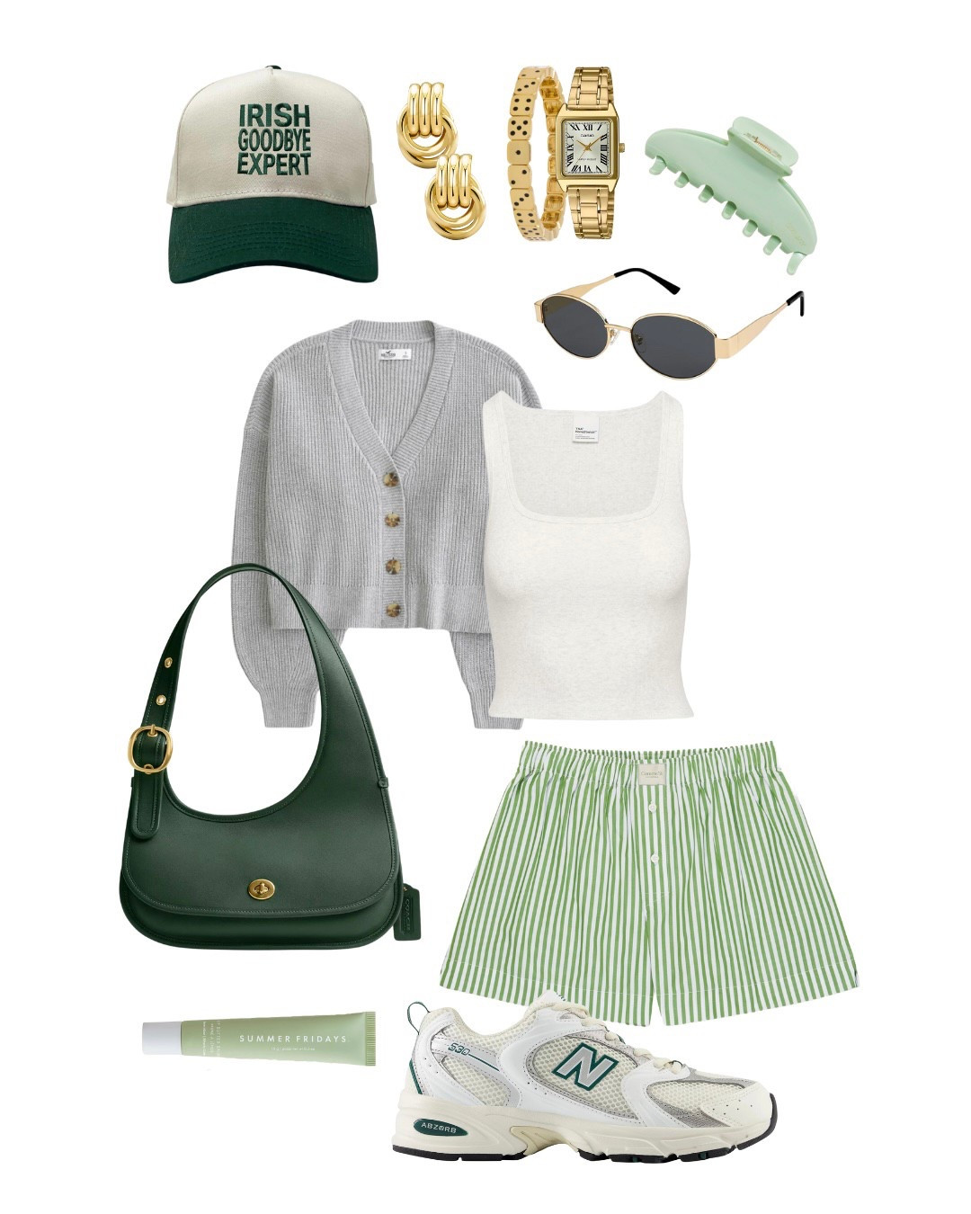 st patrick's day outfit inspo with grey cardigan, basic white tank, green stripe boxer shorts, trucker hat, and new balance sneakers accessorized with a green coach bag, gold jewelry, and a summer fridays lip balm; subtle but funny outfit idea for st patricks day

#stpatricksday #newbalance #aritzia #pinterestoutfit #springoutfiinspo

#LTKFindsUnder100 #LTKSeasonal #LTKShoeCrush