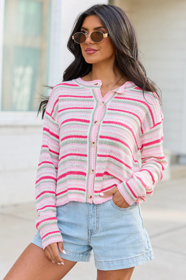 Saylor Pink And Green Striped Cardigan | Pink Lily