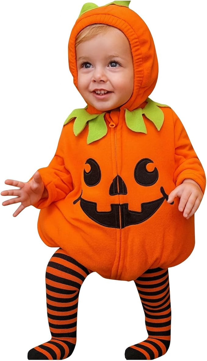 CIYCUIT Baby Pumpkin Halloween Costume Hooded Romper with Striped Leggings | Amazon (US)
