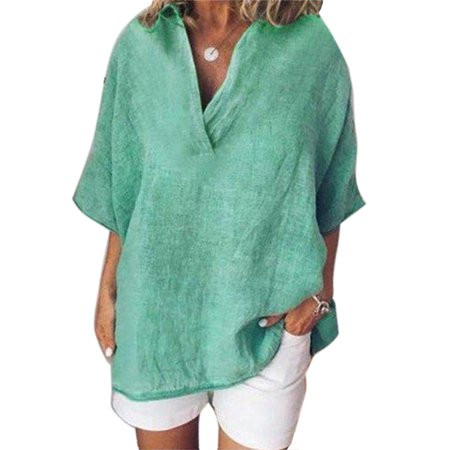 Women Linen Oversized V-Neck Short Sleeve Baggy Tops | Walmart (US)