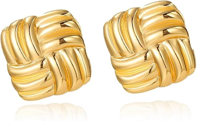 Gold Statement Chunky Stud Earrings for Women，Geometric Square Textured Vintage Trendy Jewelry | Amazon (US)