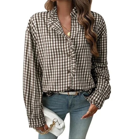DOKOTOO Blouses for Women Plaid Button Down Ruffle V Neck Tunic Tops Casual Puff Long Sleeve Ging... | Walmart (US)