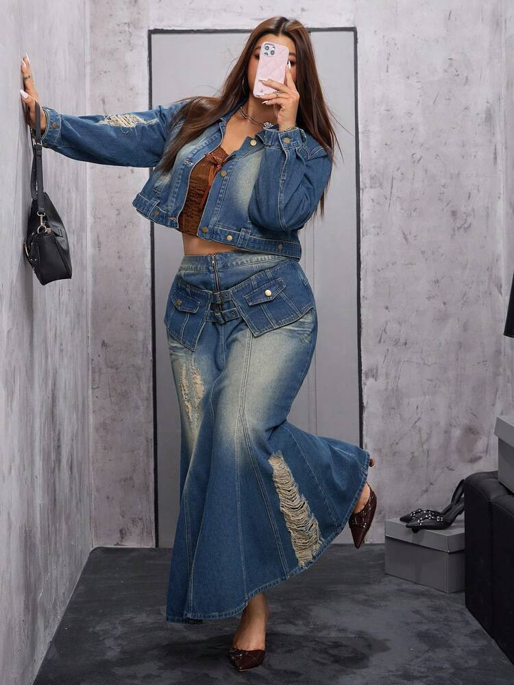 Rivivi Plus Size Women's K-Pop Girl Group Style Dark Blue Retro Denim Jacket, Non-Stretch | SHEIN