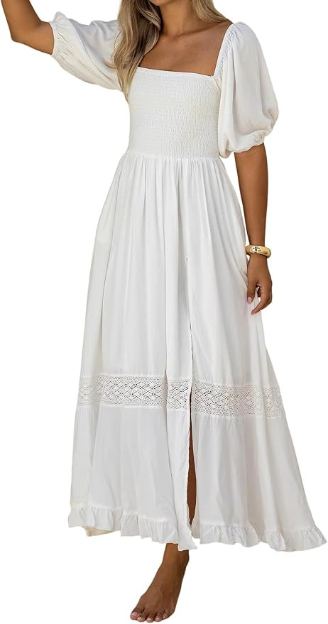 R.Vivimos Summer Boho Maxi Dresses for Women 2026 Puff Sleeve Square Neck Smocked Casual Slit Flo... | Amazon (US)