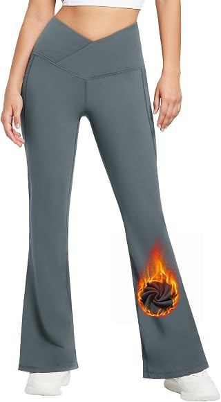 BALEAF Women's Fleece Lined Pants Crossover Flare Leggings Thermal Warm Bootcut Yoga Casual Pants... | Amazon (US)