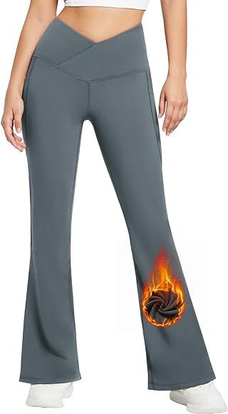 BALEAF Women's Fleece Lined Pants Crossover Flare Leggings Thermal Warm Bootcut Yoga Casual Pants... | Amazon (US)