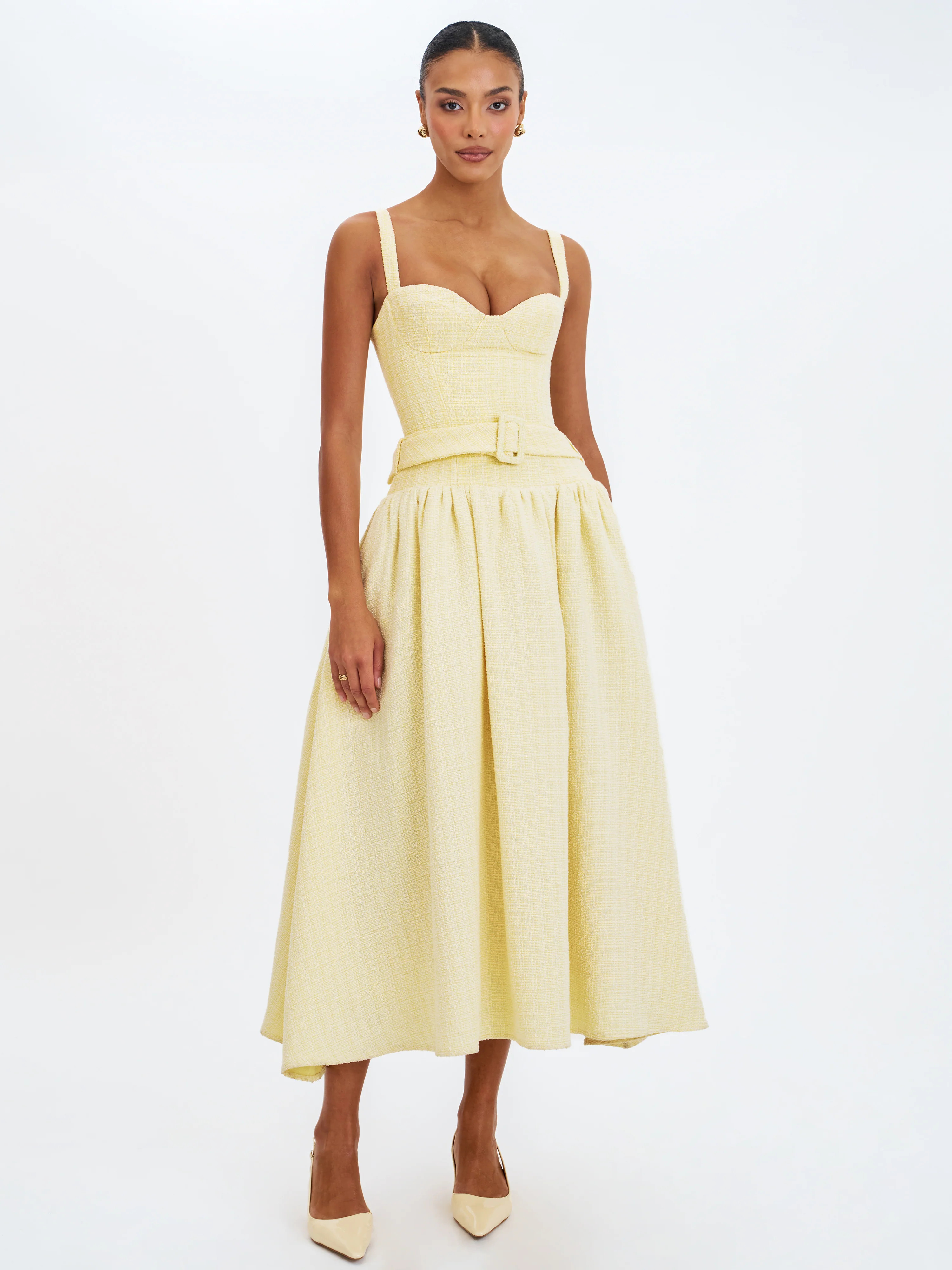 Tiana Butter Yellow Sweetheart Belted Midi Dress | Miss Circle