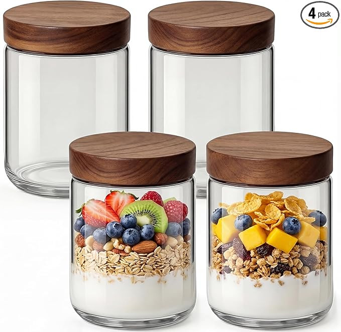 16oz 4 Pack Overnight Oats Containers with Lids, Glass Mason Jars with Acacia Wood Airtight Lids,... | Amazon (US)