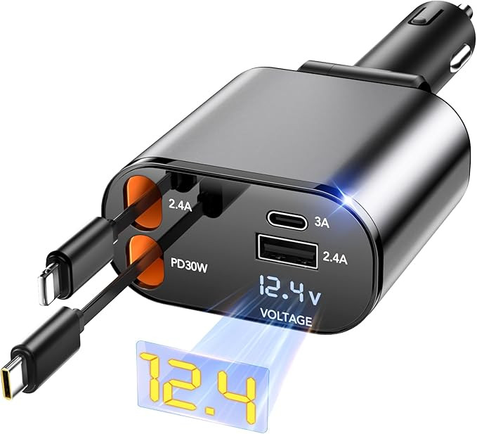 Retractable Car Charger, 4 in 1 Fast Car Phone Charger 66W, 2 Retractable Cables and USB Car Char... | Amazon (US)