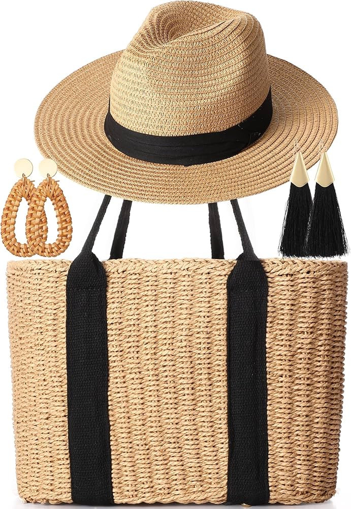 4 Pcs Straw Bag Woven Bag and Rattan Wicker Hat Tassel Earrings Set Summer Tote Handbag for Woman... | Amazon (US)