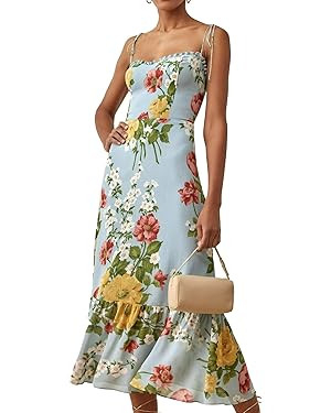 Women Floral Dress Summer Cami Dress Casual Lace Up Dress Backless Midi Dress Spaghetti Strap Dre... | Amazon (US)