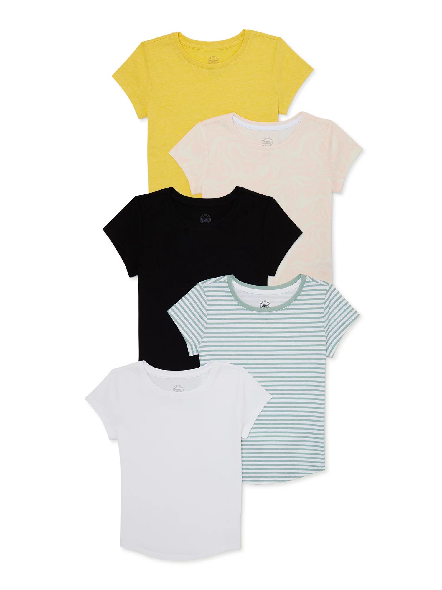 Wonder Nation Girls Kid Tough Crewneck T-Shirt with Short Sleeves, 5-Pack, Sizes 4-18 & Plus | Walmart (US)