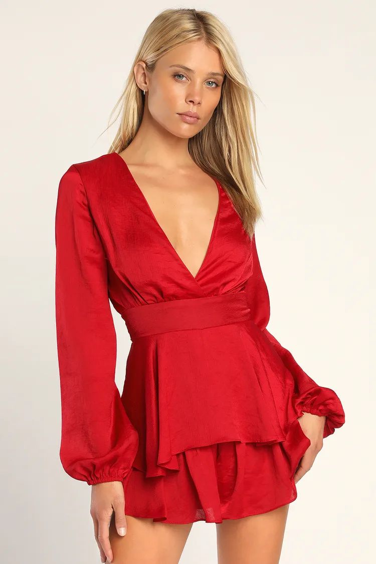 Tier for the Show Red Crinkle Satin Tiered Skort Romper | Lulus (US)