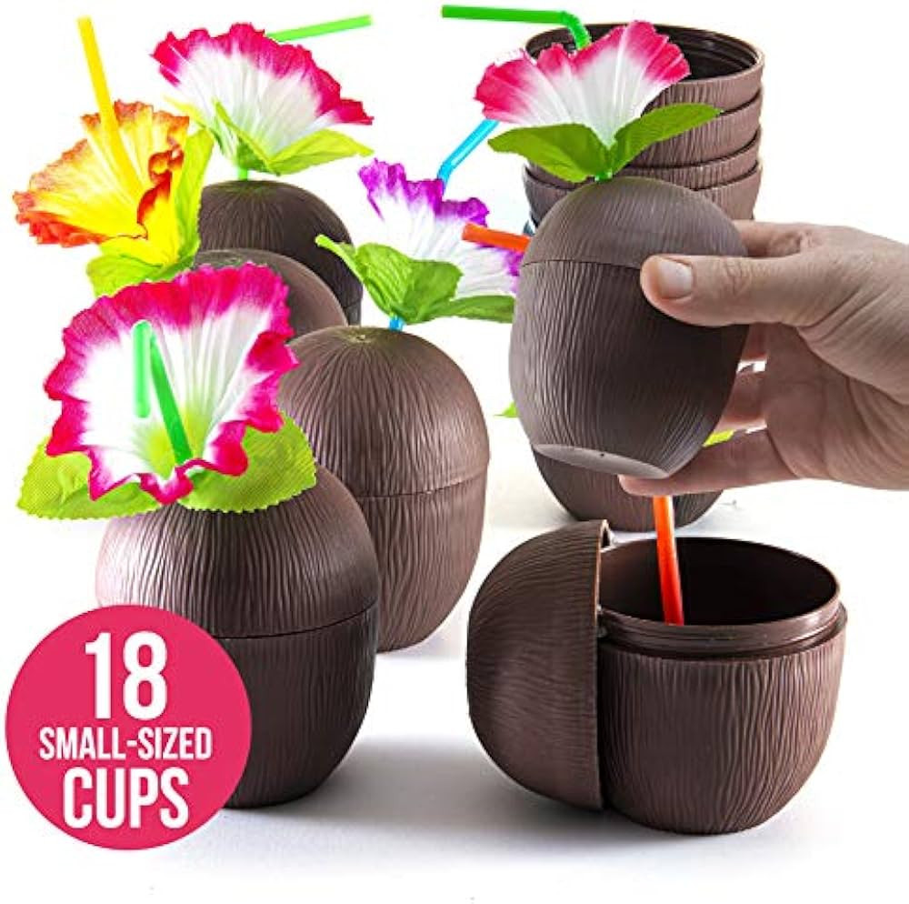 PREXTEX Coconut Cups with Flower Straws & Twist Close Lids (18 count, 8oz) for Luau Party Decorat... | Amazon (US)