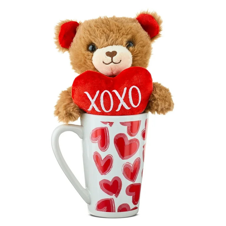 Bear Plush in Heart Mug, Brown, Red, and White, 10", Valentine's Day by Way To Celebrate | Walmart (US)