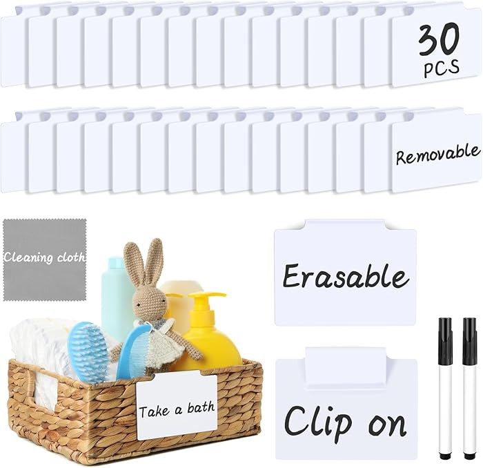 33PCS Basket Labels Clip On, 30 Labels for Storage Bins Removable with 2 Chalk Markers & 1 Wipe, ... | Amazon (US)
