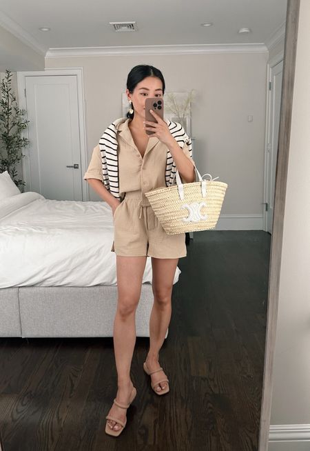 Matching two piece set for summer  that is lightweight, petite friendly and comes in several colors!

•Steve Madden button up crinkle gauze top size xs, has a relaxed oversized fit that is short enough in length for me to actually wear un-tucked

•Steve Madden crinkle gauze pull on shorts sz xs
•Sezane Leontine striped sweater xxs

•Nordstrom ginkgo leaf earrings

•Amazon flat slide sandals sz 5.5 (saved on Amazon.com/shop/ExtraPetite) 

•Celine woven tote bag - love the size but I’m debating exchanging this tote for the brown color 

#petite summer casual outfits 

#LTKtravel #LTKSeasonal #LTKswim