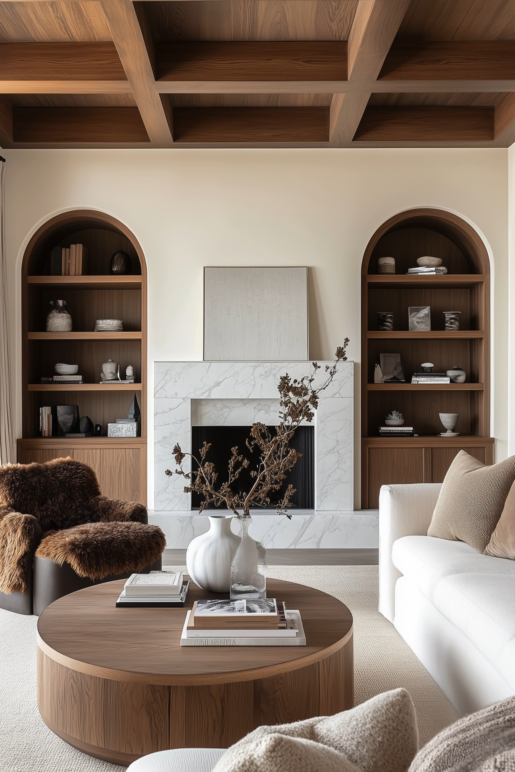 This living room exudes modern elegance with its sophisticated blend of neutral tones and warm wood accents. Featuring a stunning coffered ceiling and a beautifully designed marble fireplace, the space embodies a sleek yet cozy atmosphere. The curved bookshelves create a classic symmetry, while the plush fur chair adds a touch of luxury. A round wooden coffee table anchors the room, complemented by earthy decor pieces. Perfect for those who love an organic and refined modern aesthetic. 🖤 If you want to see more content like this, FOLLOW maeveandmodern on LTK, Instagram, and Pinterest! Check out our blog where we post daily, maeveandmodern.com!

luxury living room | modern decor | neutral tones | marble fireplace | coffered ceiling | organic modern style | cozy living spaces | warm wood accents | plush furniture | interior design | home inspiration | arched bookshelves | architectural details | stylish decor | contemporary elegance | classic symmetry | fur accent chair | refined aesthetics | home styling 

 

#LTKHome #LTKSaleAlert #LTKFindsUnder100 #LTKSeasonal #LTKHome #LTKSaleAlert