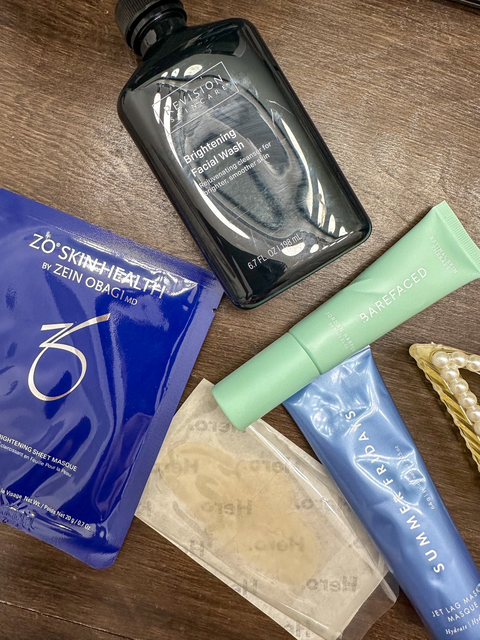 Tonight’s skincare line up. Barefaced by Jordan Harper. Revision brightening face wash. Zo brightening sheet mask, hero nose pore strip. Summer Fridays moisturizing mask  

#LTKbeauty #LTKMostLoved #LTKtravel