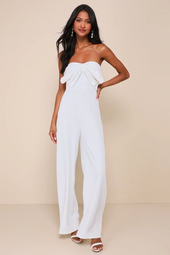 Gleaming Delight White Strapless Pearl Bow Wide-Leg Jumpsuit | Lulus