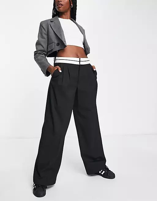 Stradivarius tailored pants with reverse waistband in black | ASOS (Global)