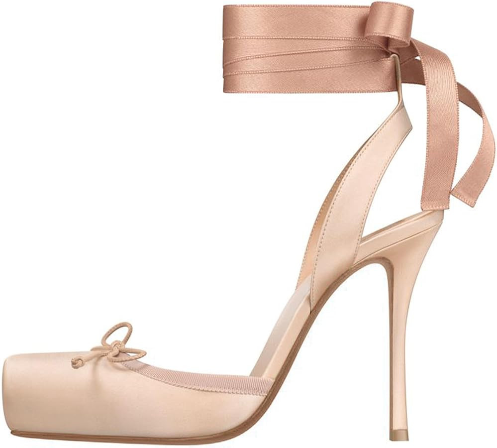 Satin Ballet Heels for Women Closed Square Toe Bow Ballerina Heels Lace Up High Heel Slingback Pu... | Amazon (US)