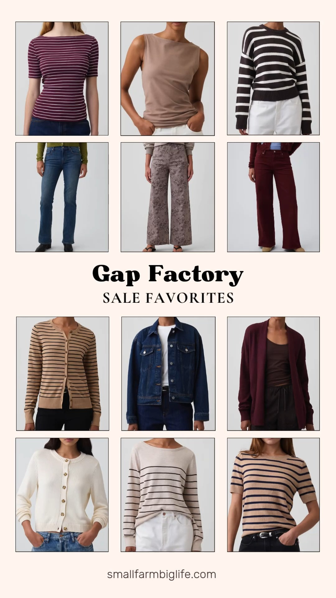Gap Factory is stocked with fall basics right now and this edit rounds up the sale favorites worth adding to your closet.

Starting with sweaters: a dark brown and white stripe relaxed crewneck, an oatmeal and brown stripe relaxed jersey boatneck, a camel and black stripe crewneck sweater in a soft CashSoft blend, and a heather burgundy CashSoft open front cardigan.

For more cardigans and layers: a camel and black stripe crewneck cardigan, and an ivory cream frost crewneck cardigan, both easy to throw over any outfit.

For tops: a light brown boatneck tank top, and a burgundy and white stripe modern ribbed boatneck top, perfect for layering under the sweaters above.

For denim: a medium indigo mid rise boot jean, a light brown floral high rise wide leg crop jean, a burgundy mid rise wide leg jean, and a dark wash relaxed icon denim jacket to tie it all together.

#gapfactory #fallsweaters #widelegjeans #crewnecksweater #fallbasics 

 #LTKootd #LTKOver40 #LTKWorkwear